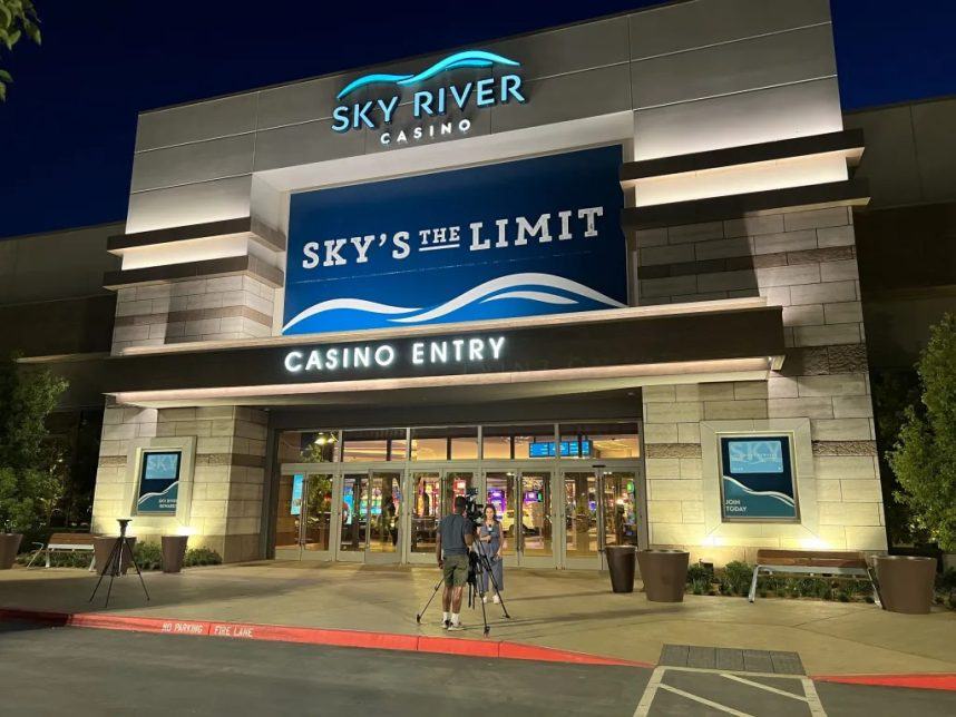 Sky River Casino lit at night