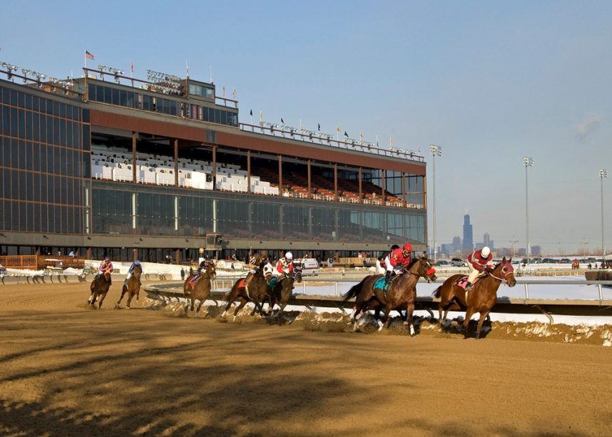 Horses racing at Hawthorne racetrack